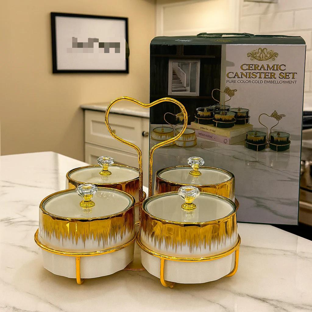 Ceramic Canister Set With Golden Stand, Luxury Style Serving Bowls, Ceramic Serving Bowls Ceramic Canister Set With Golden Stand, Luxury Style Serving Bowls, Ceramic Serving Bowls